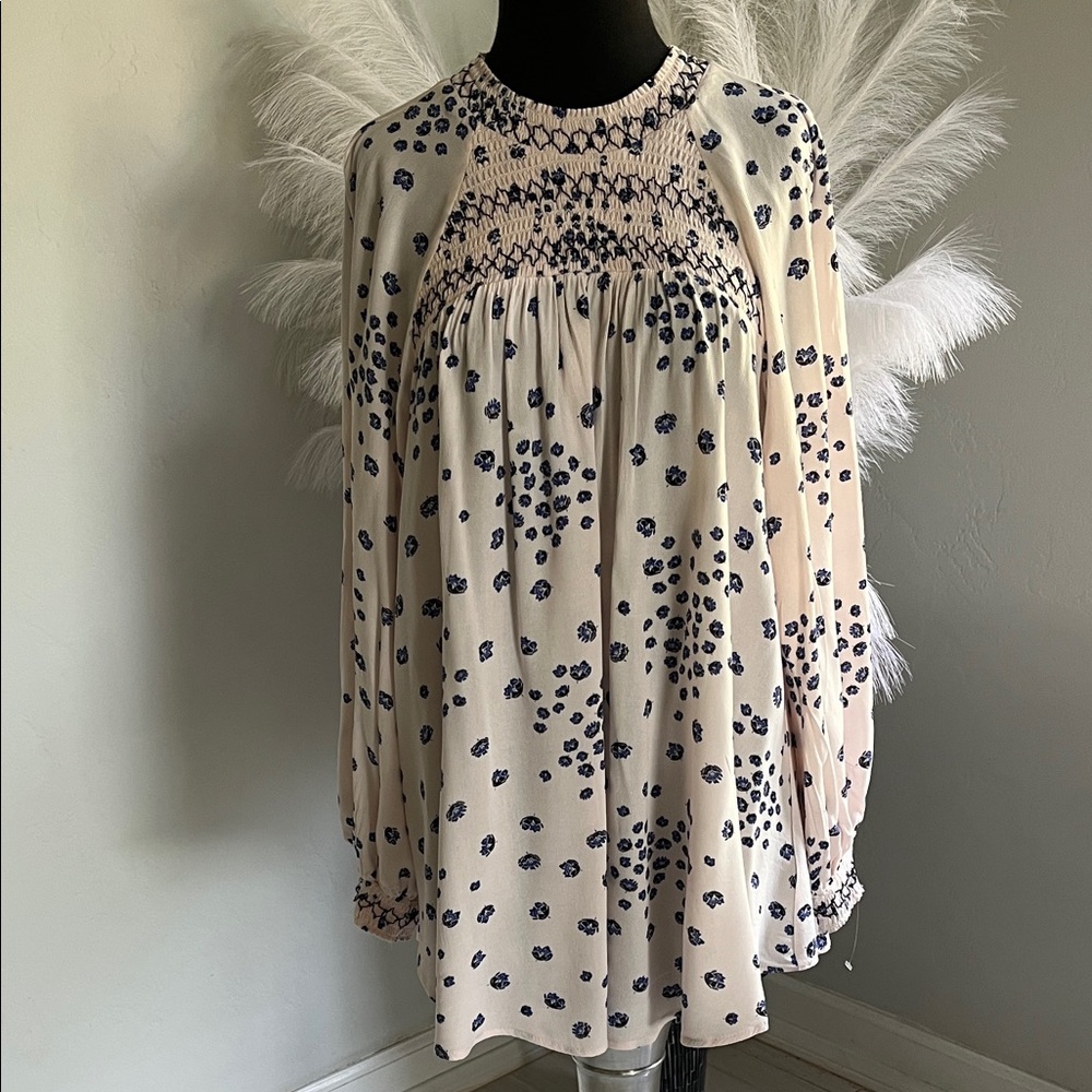 Free People Cream Long Sleeve Smocked Tank Top with Navy Floral Dots